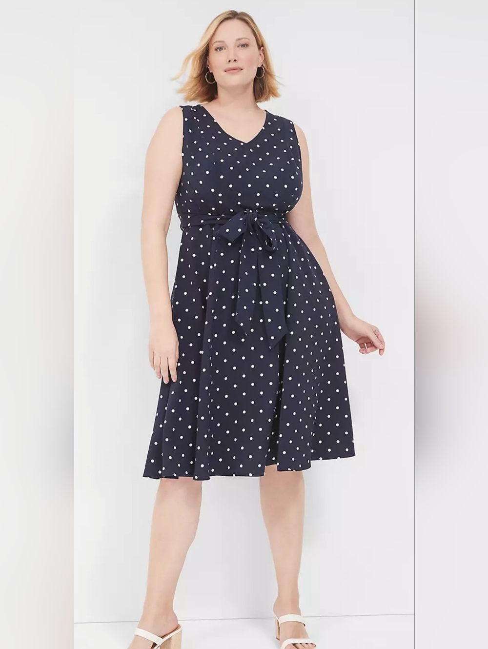 Lane Bryant Navy & White Polka Dot V-Neck Midi Dress with Tie Waist